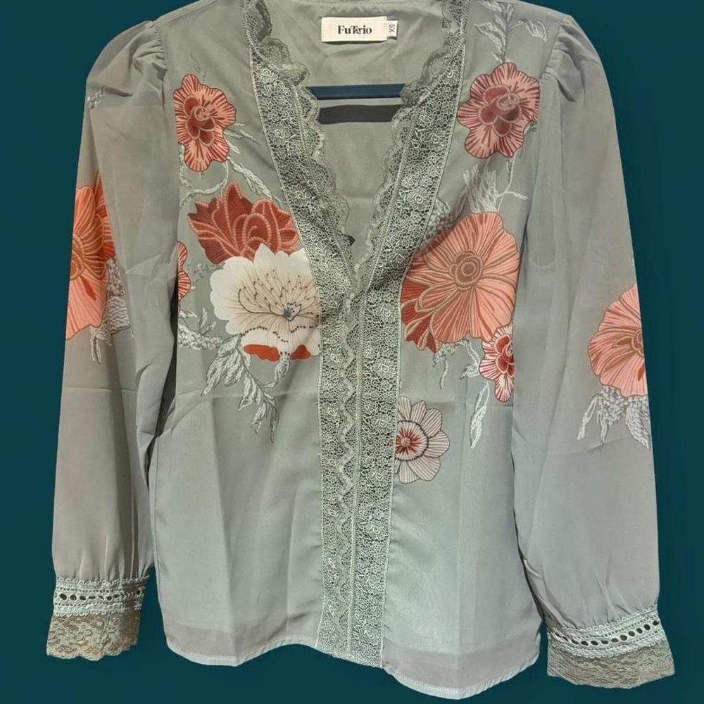 Futuro Sage Blouse with Coral Floral Design